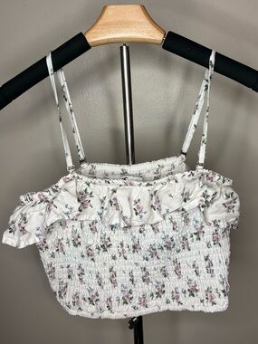 Hollister White Floral Smocked Ruffle Crop Top